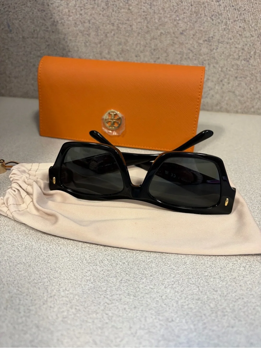 Tory Burch Black Square Sunglasses with Orange Logo Case